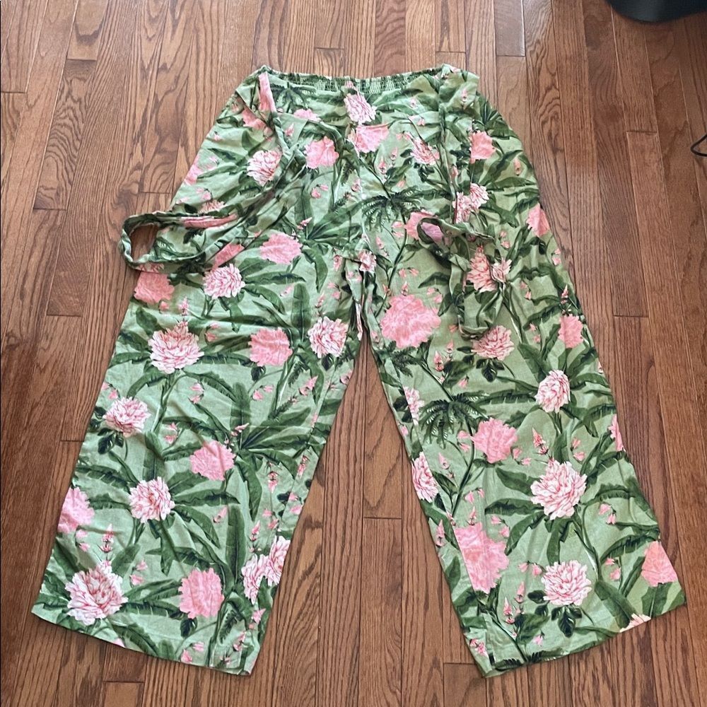 Agua Bendita X Target Pink and Green Floral Linen Wide Leg Pants Women’s Sz XL